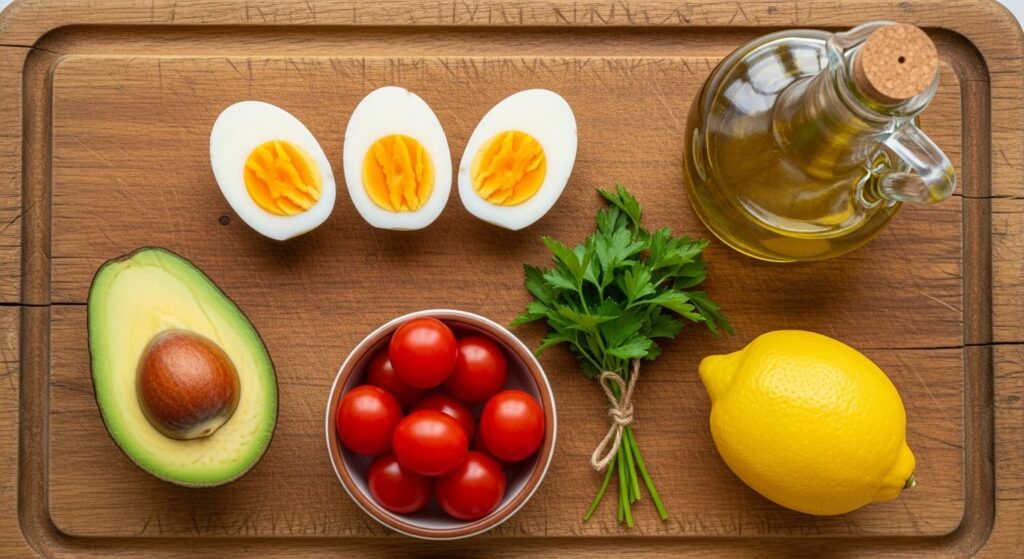 Fresh ingredients for Mediterranean avocado egg salad including eggs, avocado, and lemon.