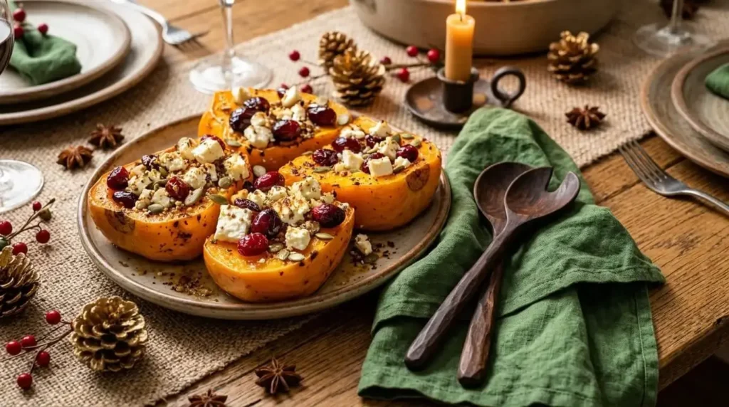 Roasted squash with pumpkin seeds and feta for Thanksgiving.