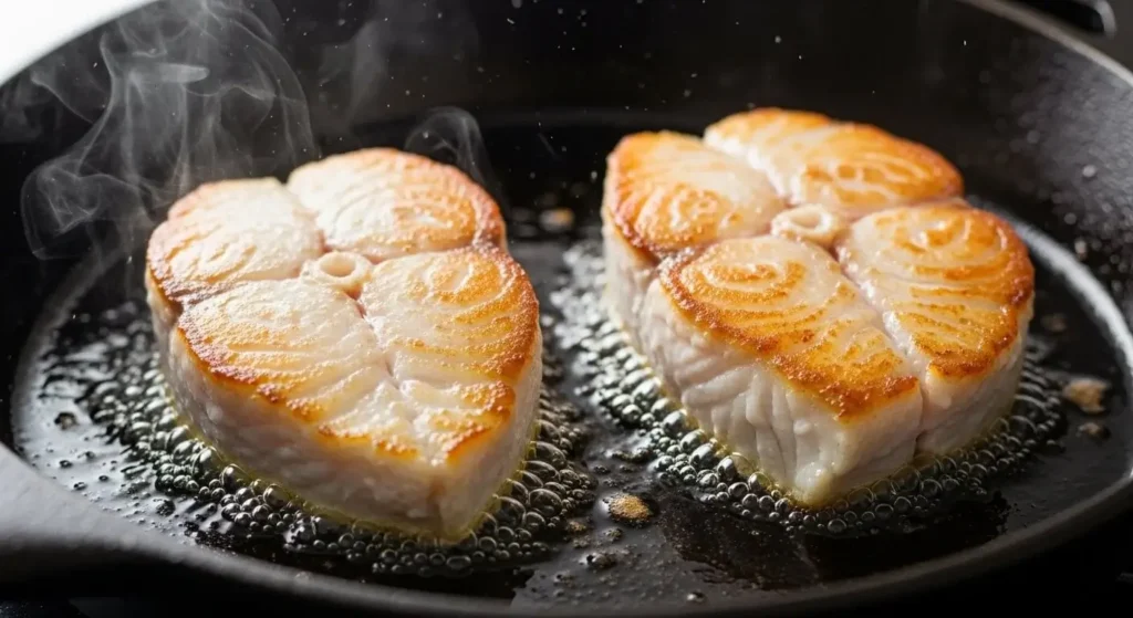 Searing white fish fillets in a hot cast-iron skillet with bubbling olive oil for an easy Mediterranean fish dinner.