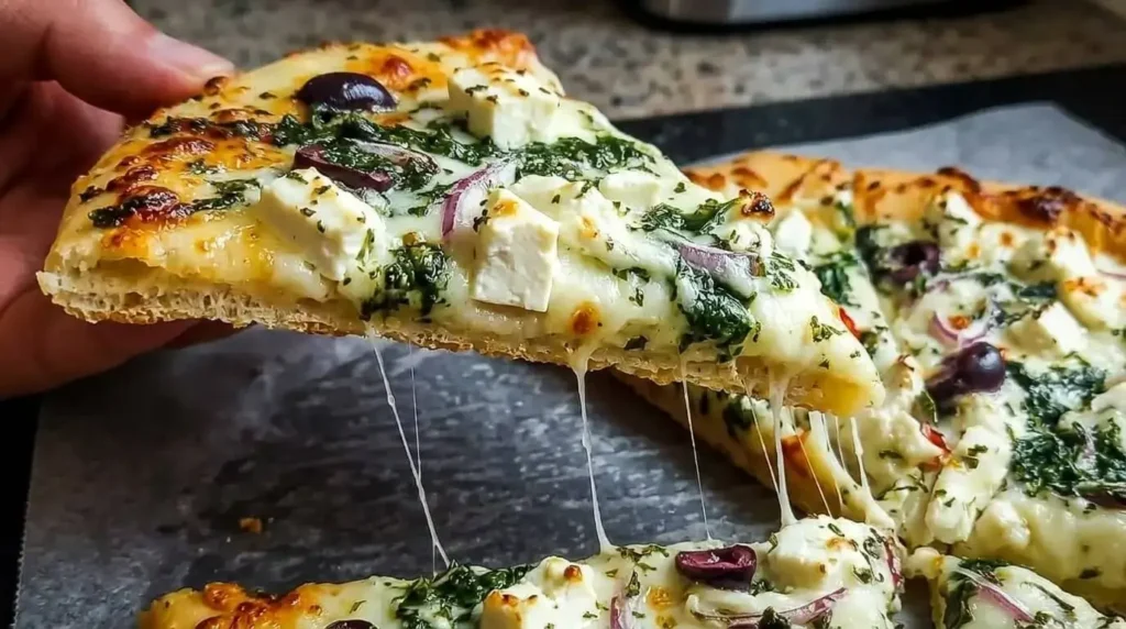 A slice of crispy Greek flatbread pizza being lifted.
