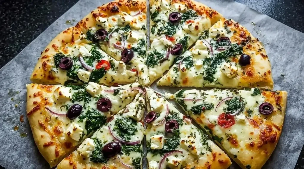 Close-up of Greek-Style White Flatbread Pizza with feta and olives.