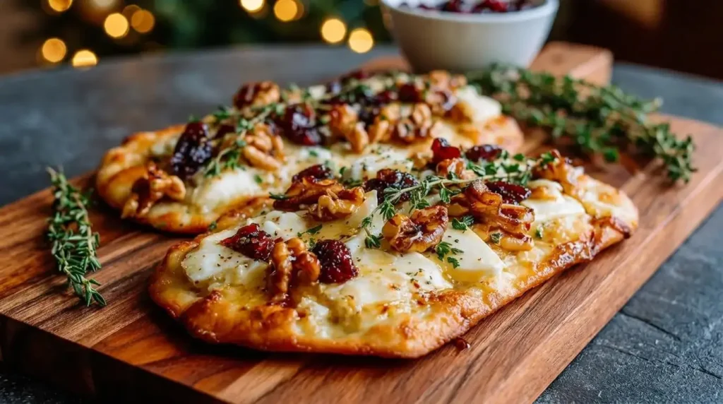 Crispy flatbread with brie, cranberries, toasted walnuts, and hot honey on a wooden serving board.
