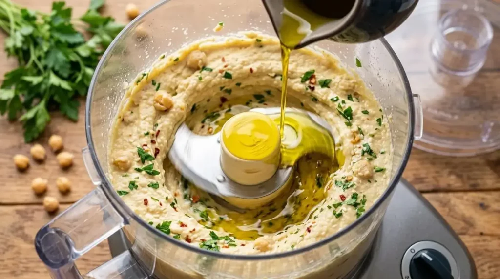 Blending chickpeas and olive oil in a food processor to make smooth hummus.
