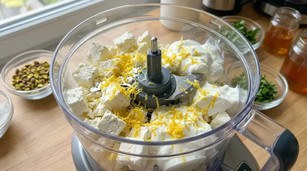Ingredients for whipped feta spread in a blender
