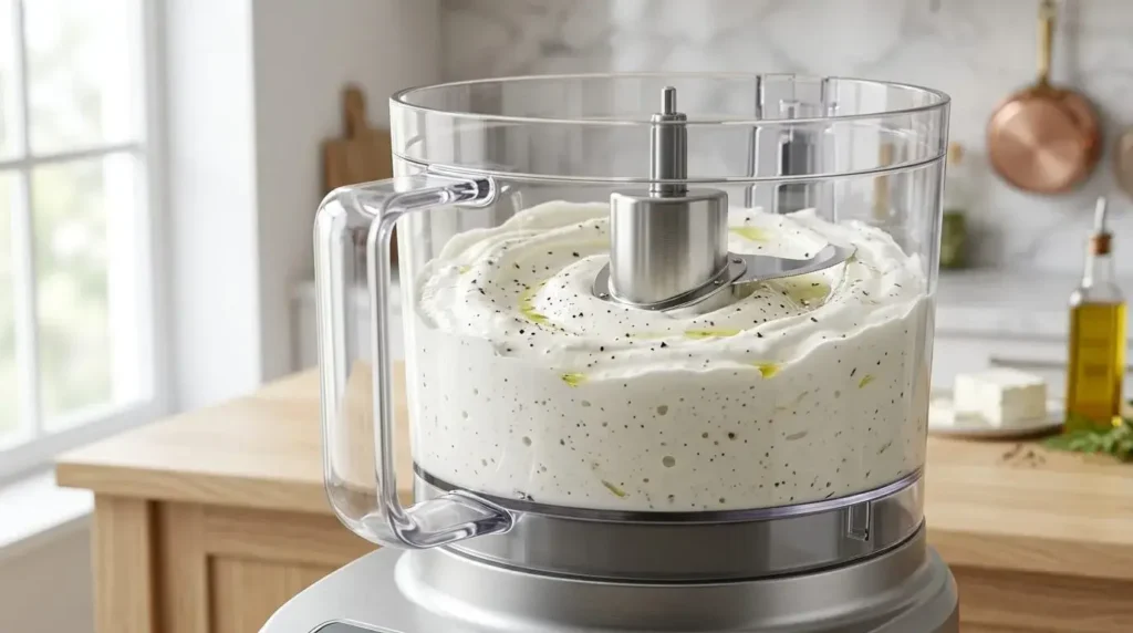 Creamy whipped feta and Greek yogurt mixture being blended smooth inside a food processor bowl.