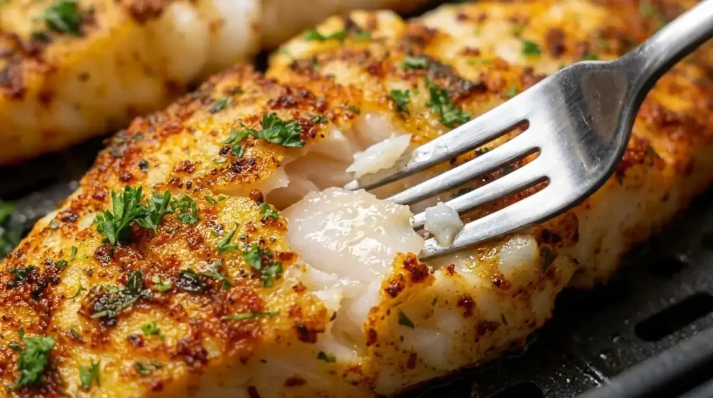 Close-up of flaky Mediterranean air fryer cod texture.