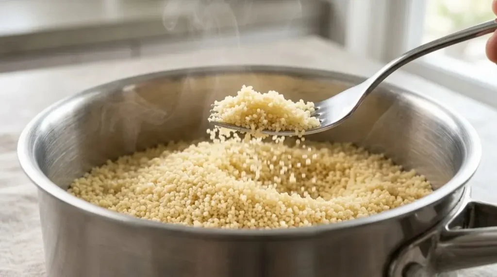 Fluffy traditional semolina couscous being fluffed with a fork in a pan.