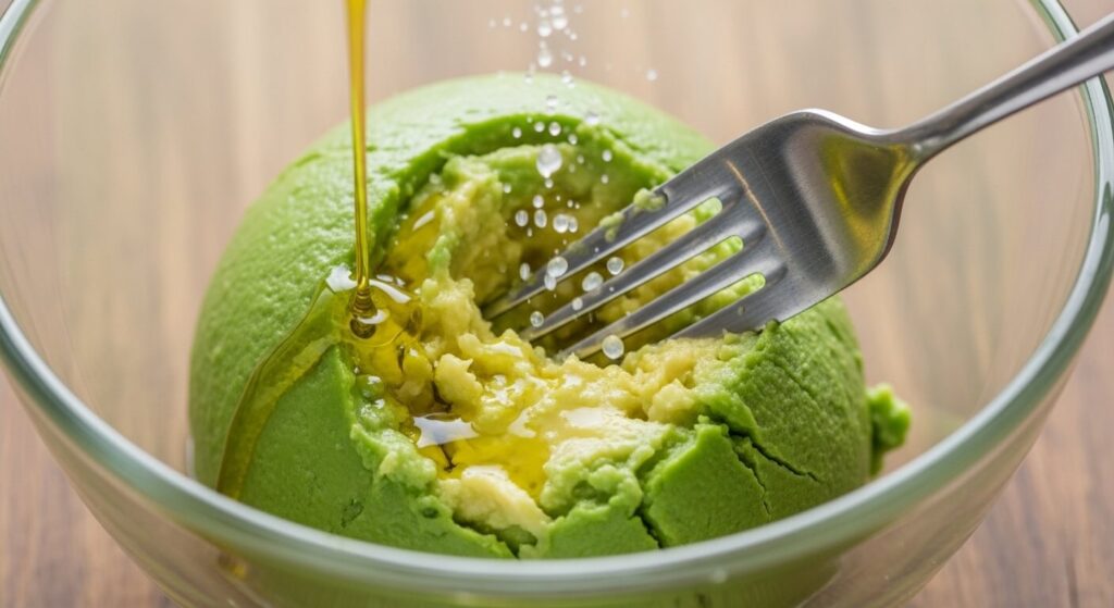 Mashing ripe avocado with lemon juice and olive oil for egg salad dressing.