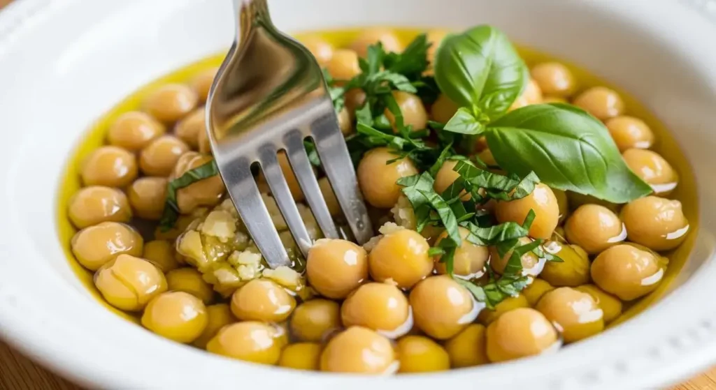 Mashing chickpeas with herbs for a Mediterranean veggie wrap.