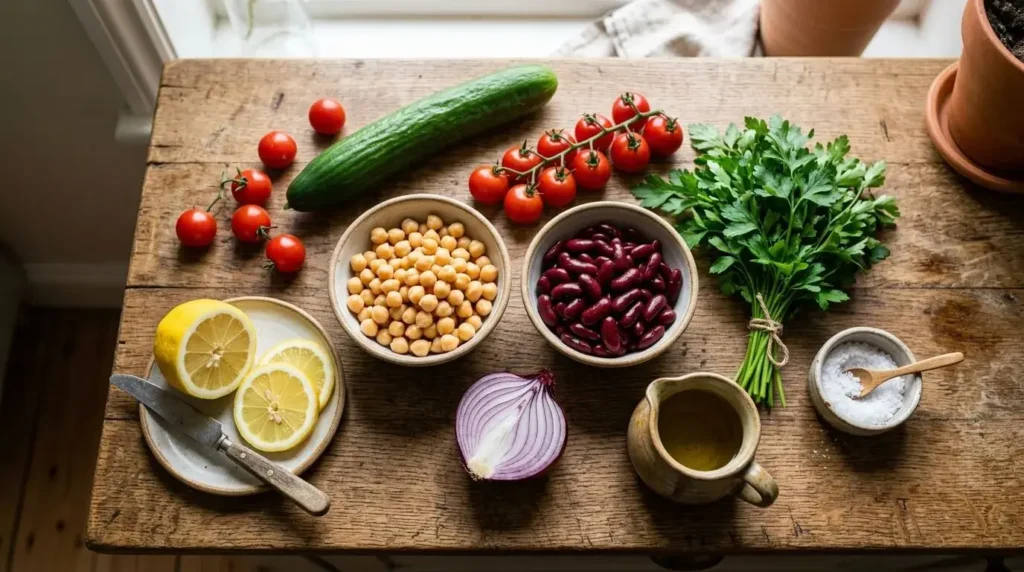 Overhead view of fresh ingredients for a chickpea and kidney bean salad recipe including canned beans, cucumber, tomatoes, and lemon on a wooden counter.
