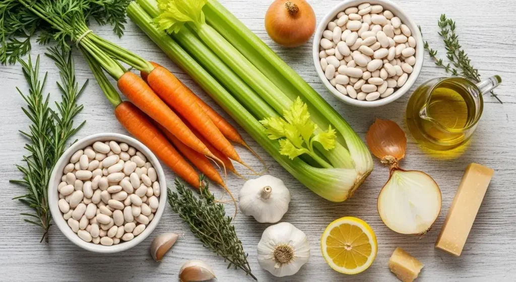 Overhead view of fresh raw ingredients for Mediterranean white bean soup on a white wooden table.
