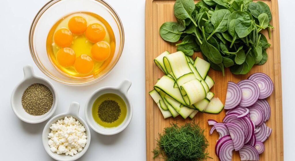 Fresh ingredients for an easy vegetable frittata recipe arranged beautifully on a wooden cutting board and concrete countertop.