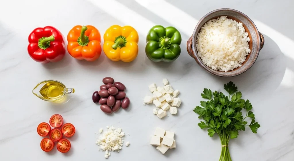 Raw ingredients for Mediterranean stuffed bell peppers displayed on a clean marble countertop.