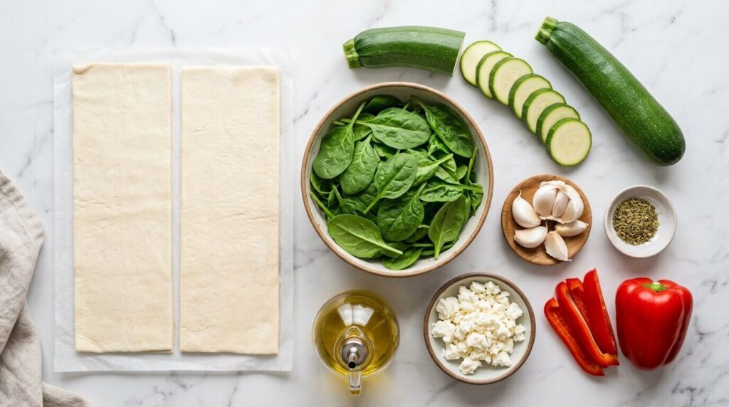 Raw ingredients for a healthy tartlet recipe including puff pastry, zucchini, spinach, feta cheese, and cherry tomatoes.