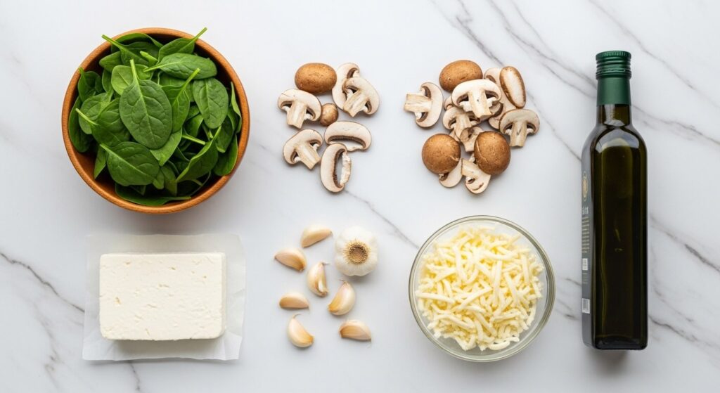 Fresh ingredients for a healthy Mediterranean mushroom and spinach quesadilla.