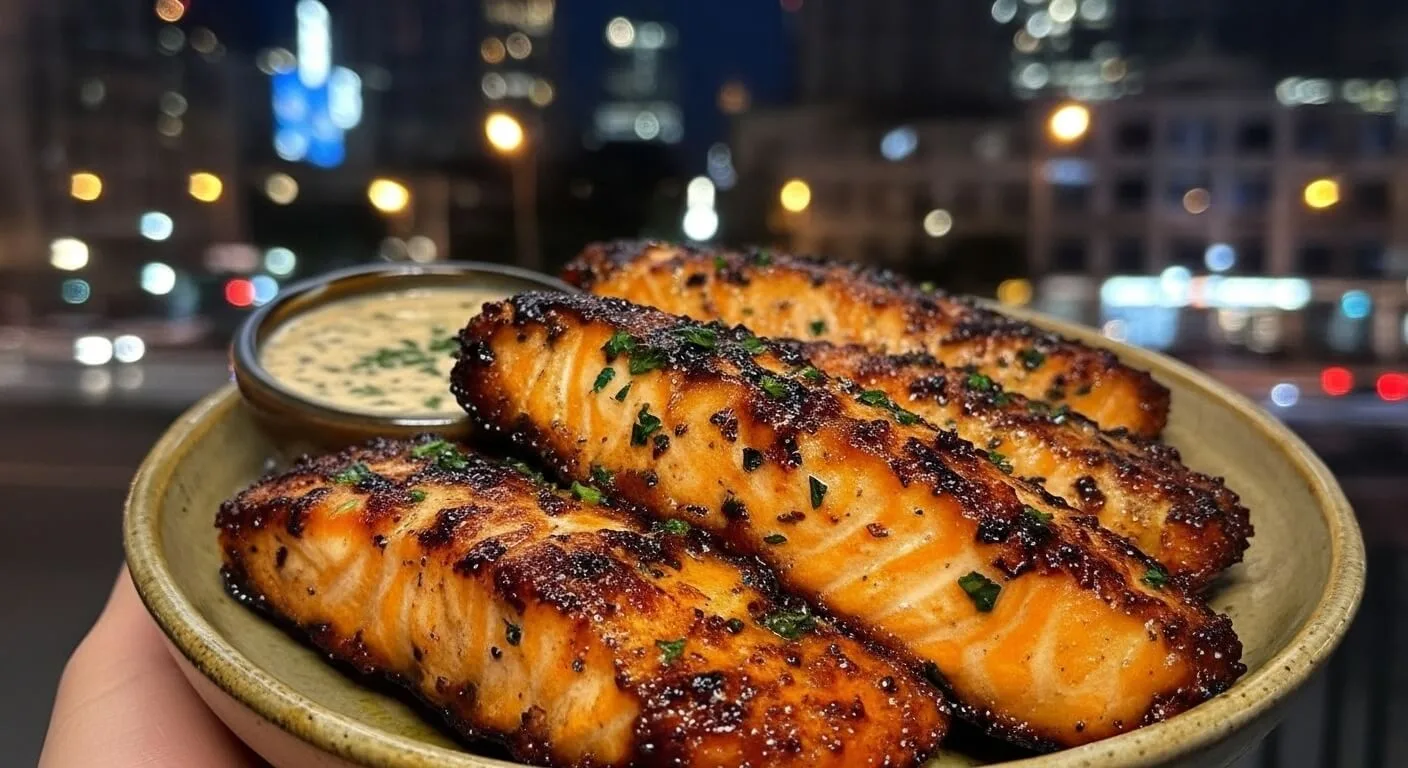Crispy oven-baked salmon strips served on a platter with creamy herb tartar sauce.