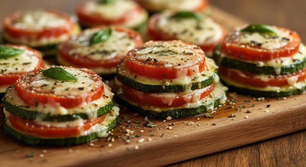 A tray of crispy Zucchini Pizza Bites with melted cheese and pepperoni.