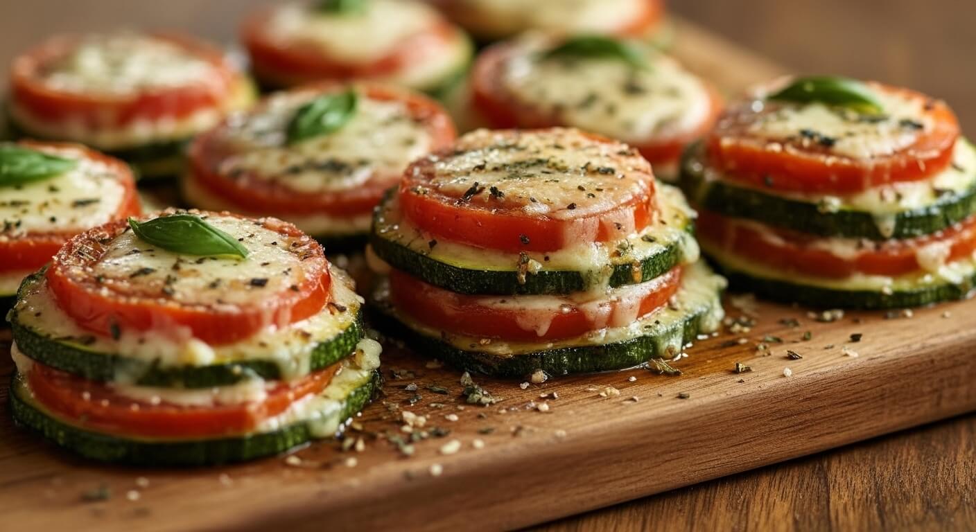 A tray of crispy Zucchini Pizza Bites with melted cheese and pepperoni.