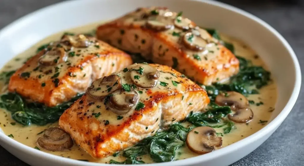 Creamy Garlic Butter Salmon with Spinach and Mushrooms in a large skillet.