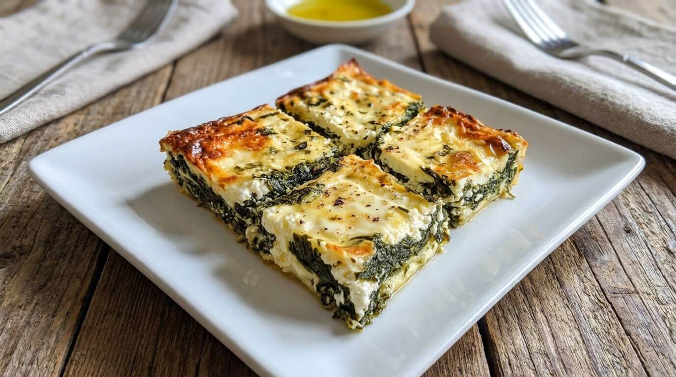 Spinach and Feta Squares in a white serving dish.