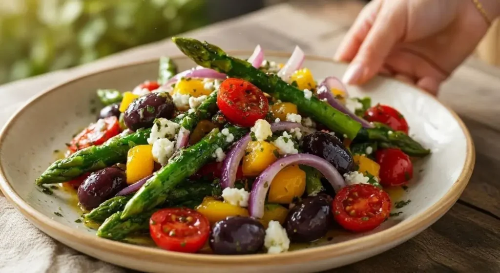 Overhead view of Charred Asparagus Greek Salad with grilled asparagus, feta, tomatoes, and olives in a white ceramic bowl on a wooden table.