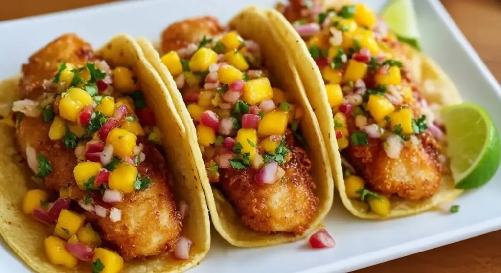 Three crispy mango fish tacos on a platter topped with vibrant mango salsa, avocado, and yogurt sauce.