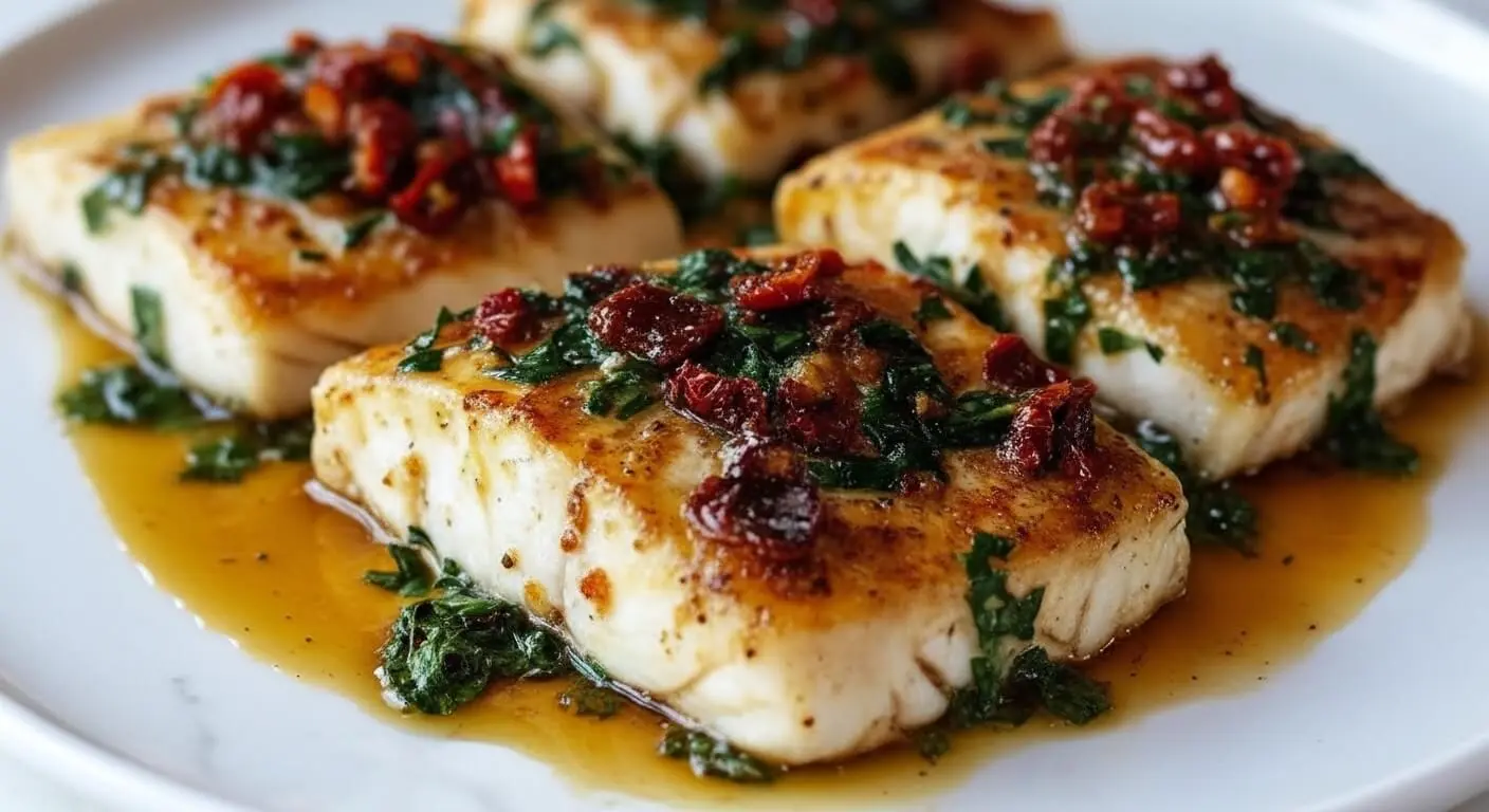 Baked tuscan cod in a plate.