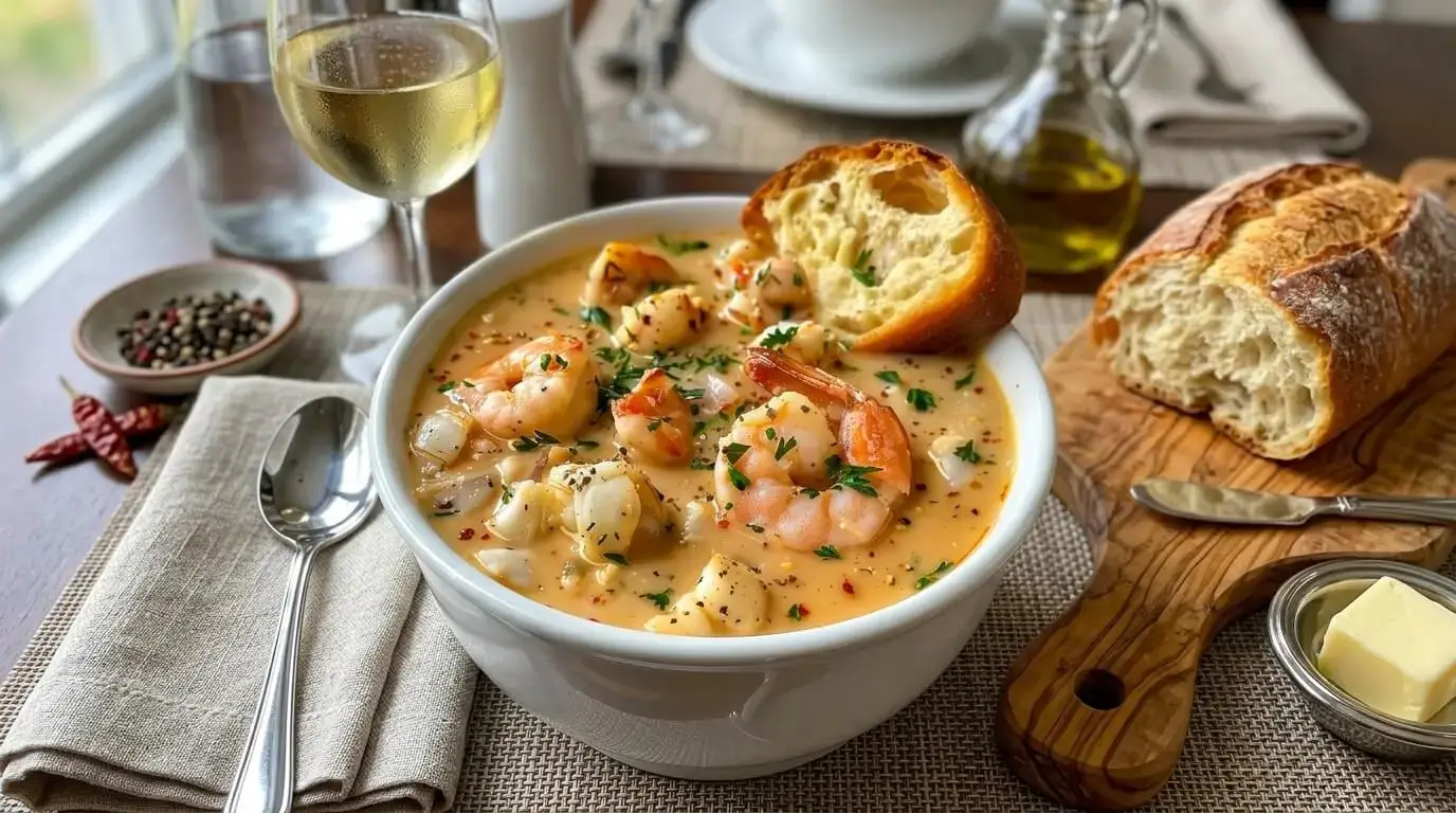 Crab and Shrimp Seafood Bisque in a white bowl.