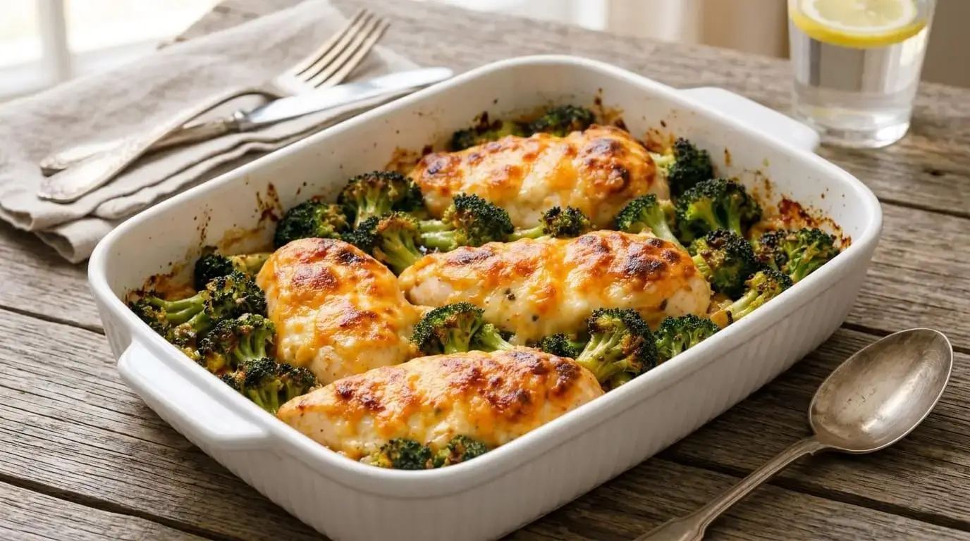 Cheesy Chicken Broccoli Bake in a white tray.