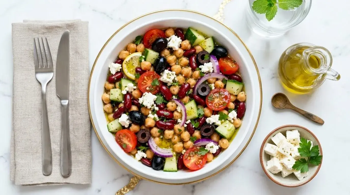 chickpea and kidney bean salad in a white plate.