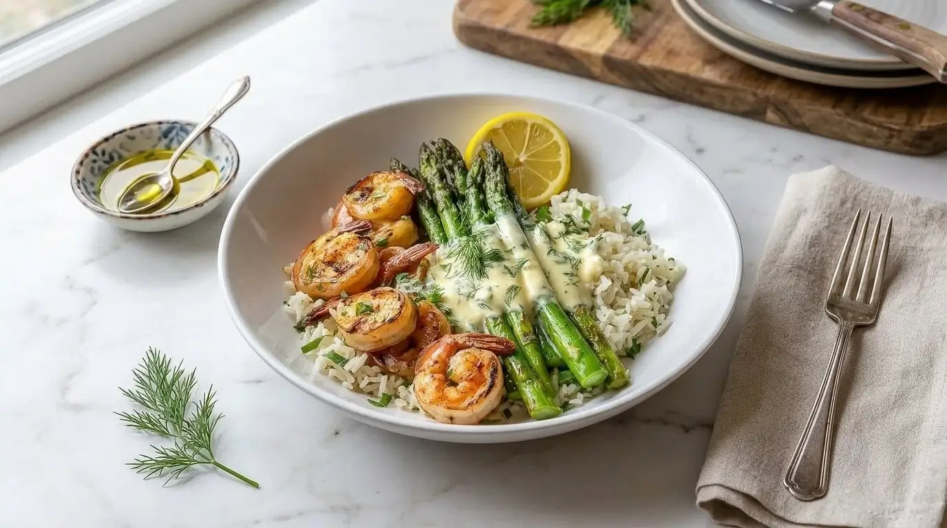 Grilled Shrimp Bowl with Asparagus and Creamy Garlic Sauce