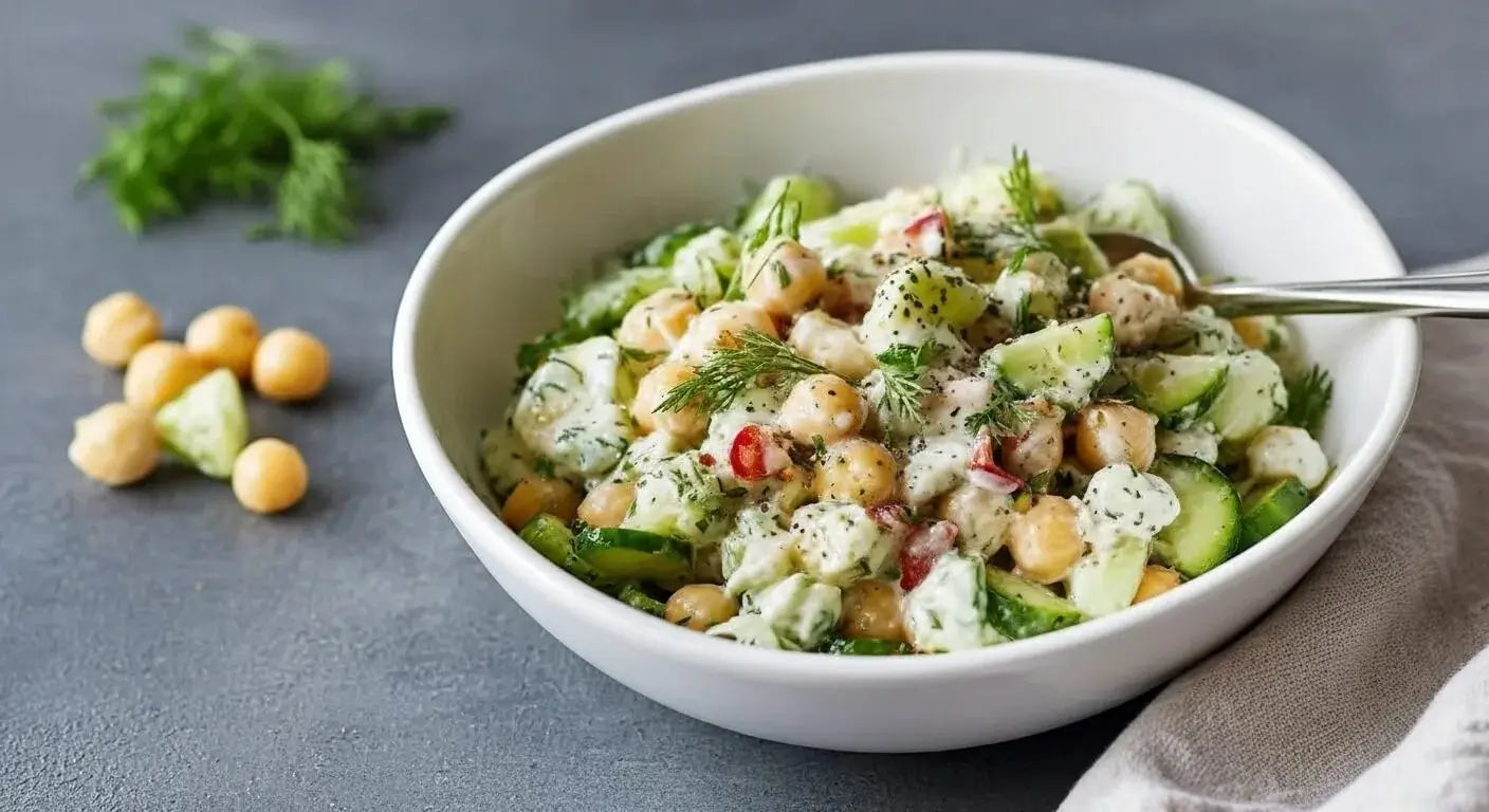 Top-down view of a creamy Tzatziki Chickpea Salad with cucumbers and herbs in a white bowl.