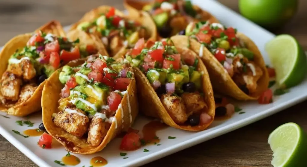 A plate of crispy honey lime chicken and avocado wonton tacos on a Mediterranean style platter.