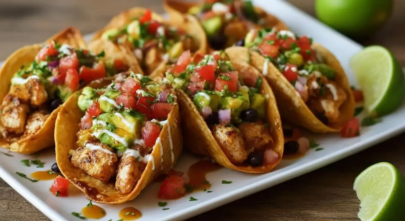 A plate of crispy honey lime chicken and avocado wonton tacos on a Mediterranean style platter.