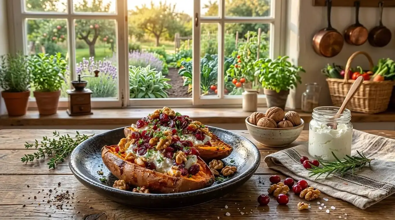 A platter of roasted sweet potato and ricotta boats topped with fresh tomatoes, basil, and toasted pine nuts under soft natural light.