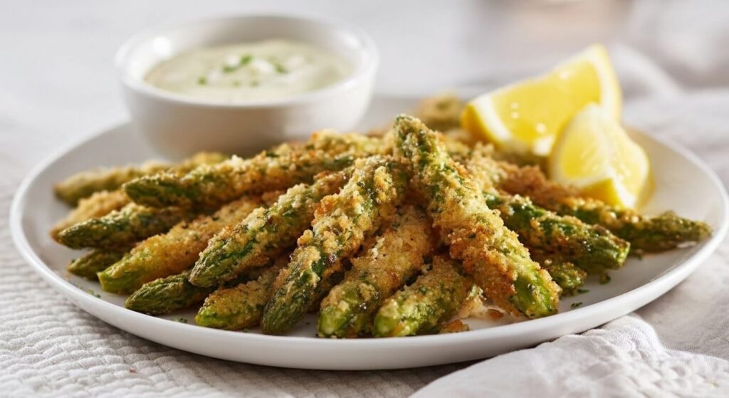 Roasted Parmesan Asparagus with Lemon Aioli on a white platter.