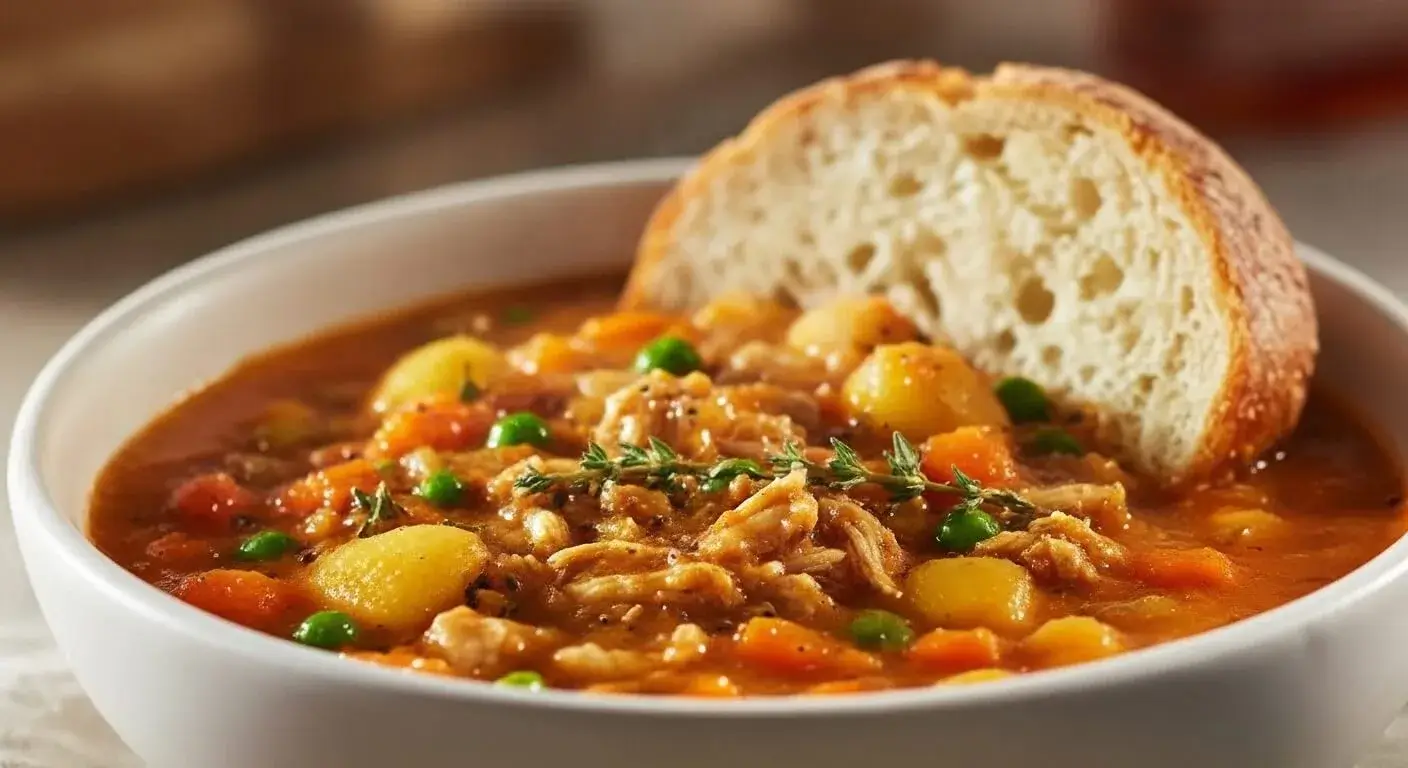 A comforting pot of hearty chicken and vegetable stew with carrots and potatoes on a rustic wooden table.