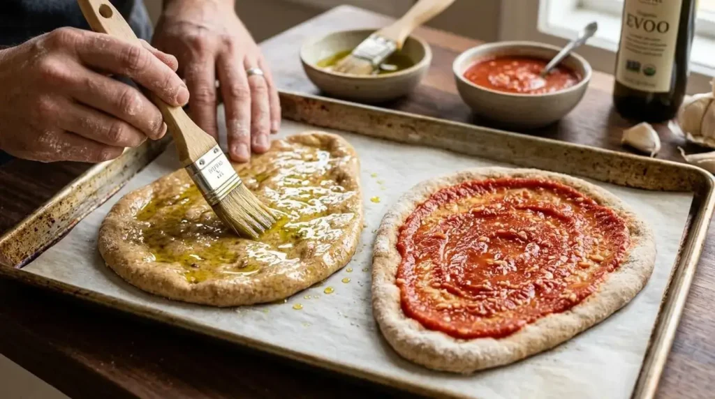 Brushing olive oil onto a naan bread crust to create a moisture barrier before adding tomato sauce.