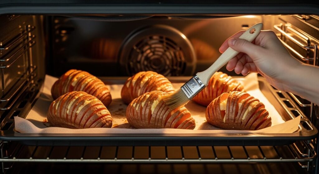 Basting Hasselback sweet potatoes halfway through baking on a baking tray in the oven.