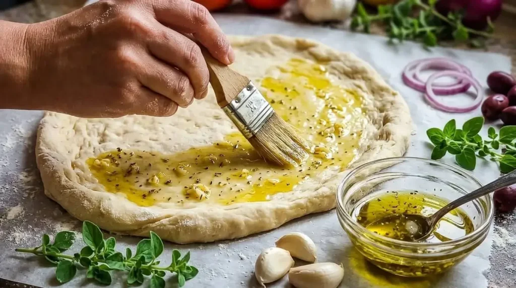 Brushing garlic olive oil onto a flatbread base.