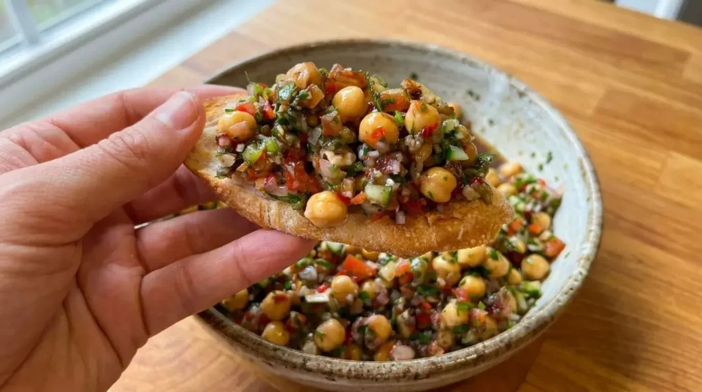 Authentic Balela salad served on a crispy piece of toasted crostini bread showing finely chopped chickpeas and fresh herbs.