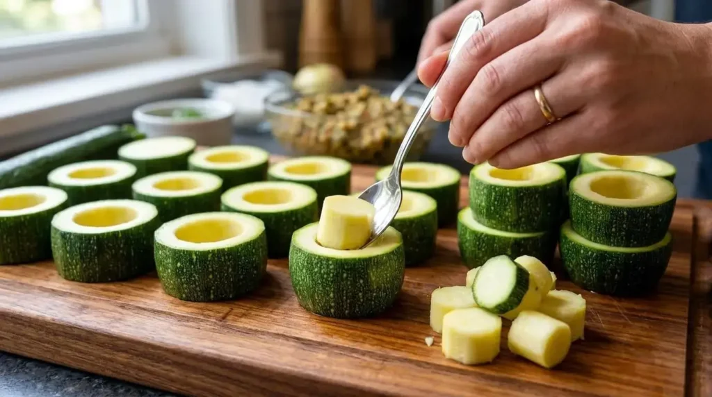 Sliced zucchini rounds being hollowed out with a spoon for stuffing.