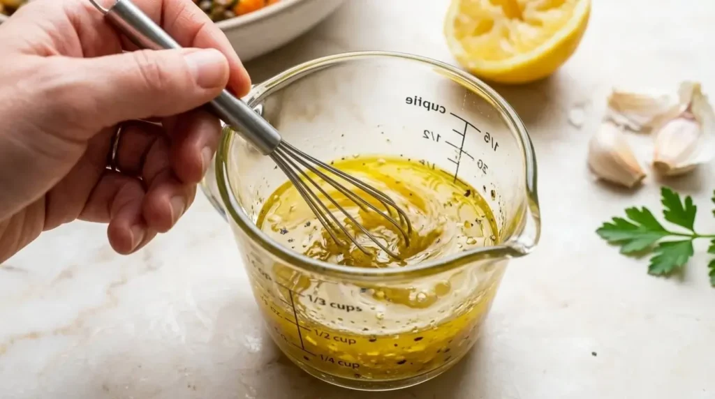 A small metal whisk emulsifying fresh lemon juice, extra virgin olive oil, and minced garlic in a clear glass cup.