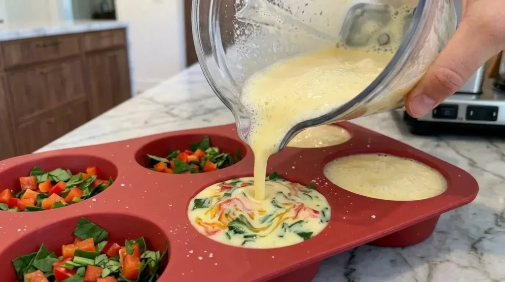 Pouring smooth egg mixture over chopped spinach and red peppers in a silicone muffin pan.