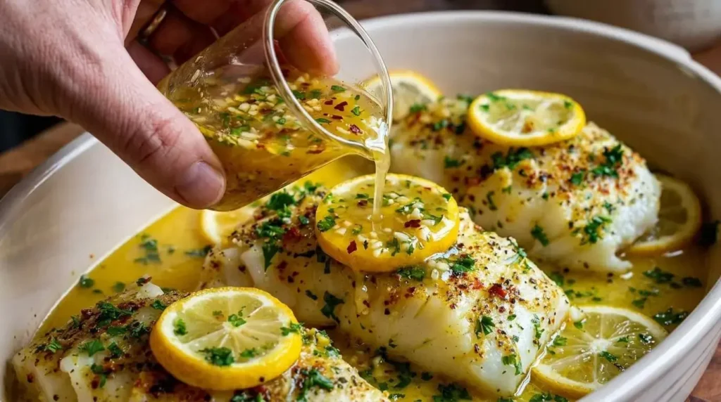 Pouring lemon garlic butter sauce over seasoned cod fillets in a baking dish.
