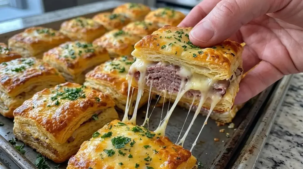 Close-up of a cheesy pull from a beef and puff pastry slider.