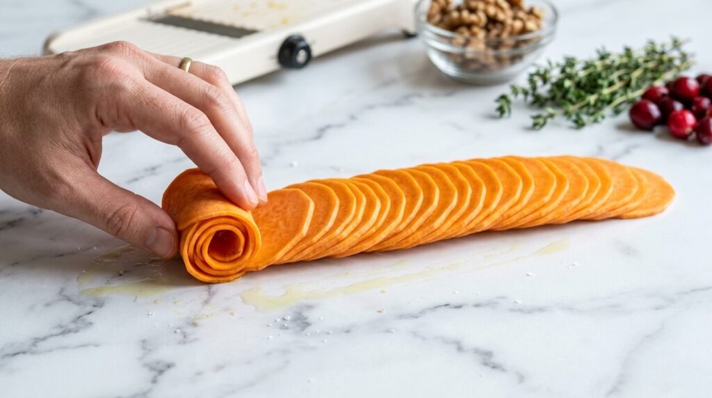 Hand rolling sliced sweet potatoes into a rose shape.