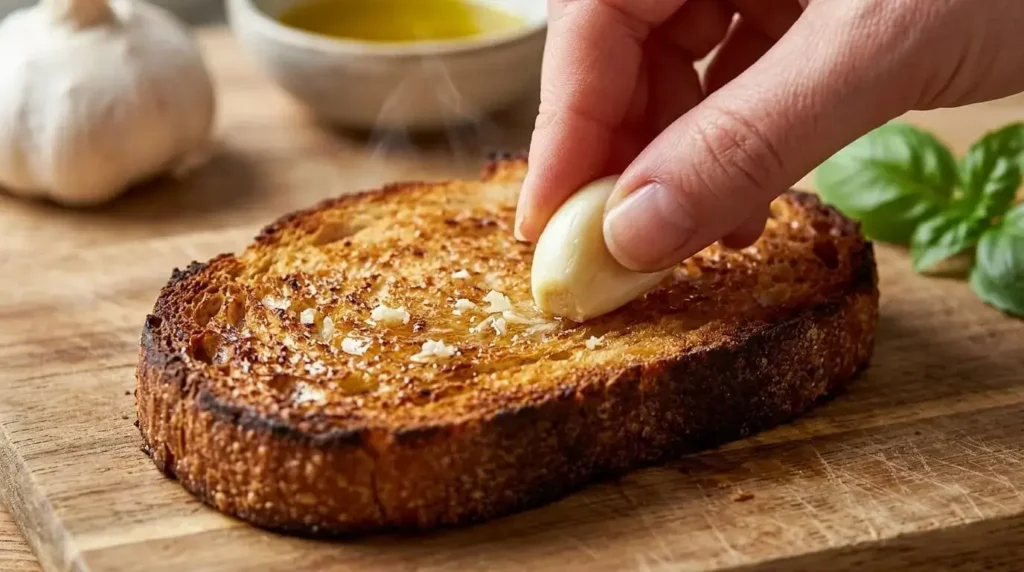 Rubbing a raw halved garlic clove over the surface of freshly toasted golden bread crust