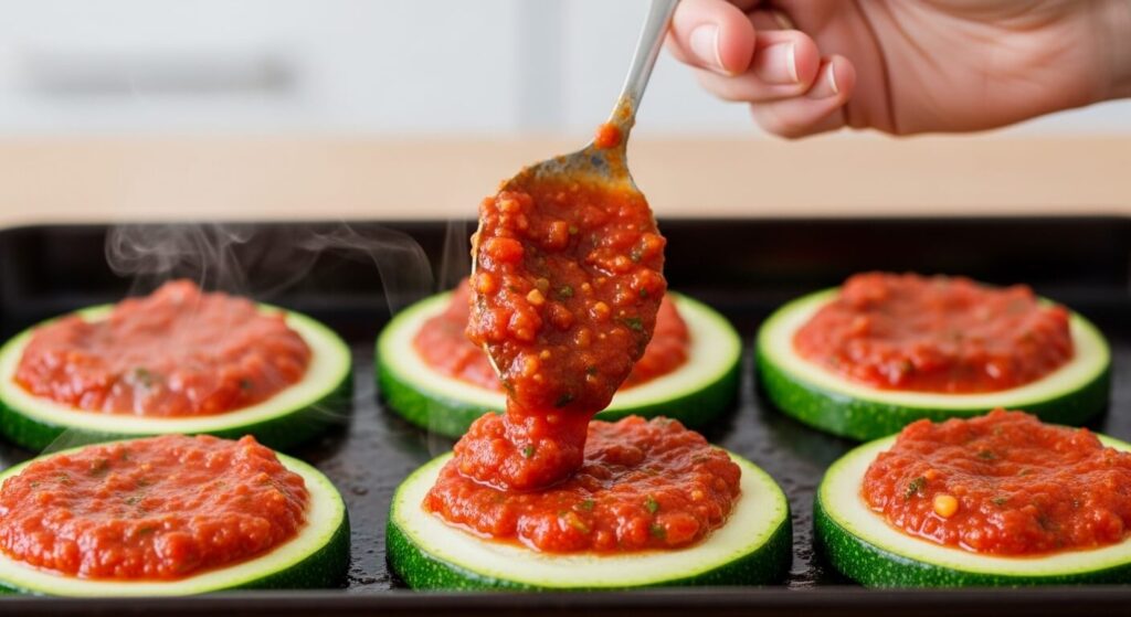 Adding marinara sauce to zucchini rounds for keto pizza bites.