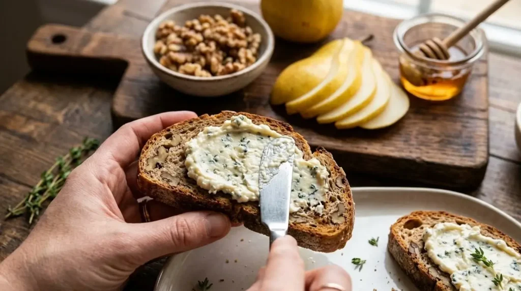 Spreading gorgonzola cheese on toasted walnut bread.
